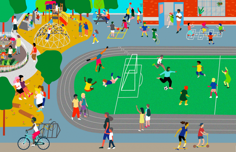 Illustration of a vibrant schoolyard, showing diverse students playing on a field, a play structure, and with a garden area.