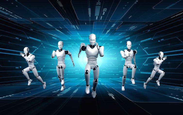Five robot runners against a digital background