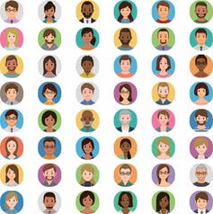 A 6 x 8 grid of cartoon faces of people