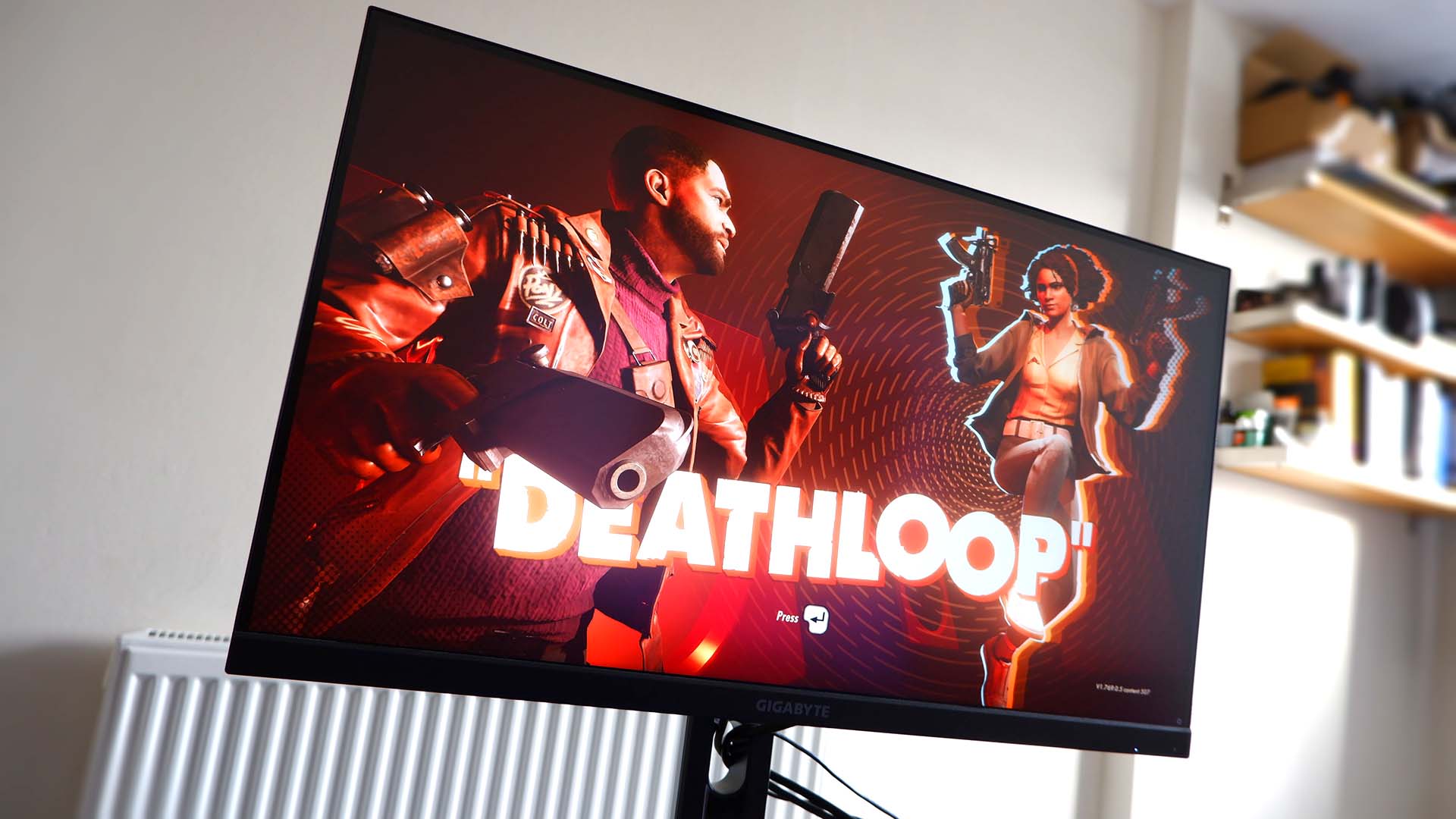 Gigabyte M28U gaming monitor pictured on a desk
