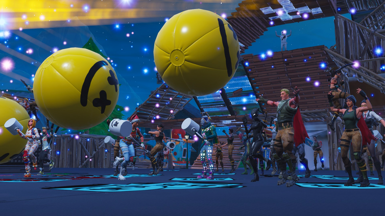 virtual people on a dance floor with big yellow balloons