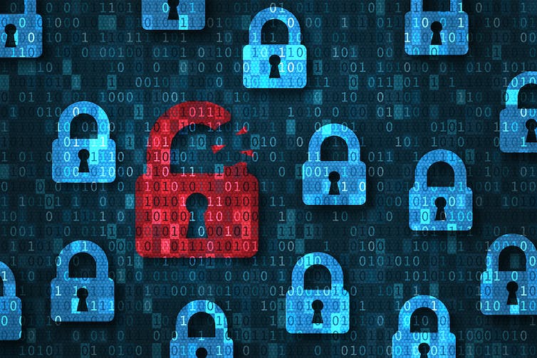 padlocks represented digitally, all are blue with the exception of a red one which is broken open