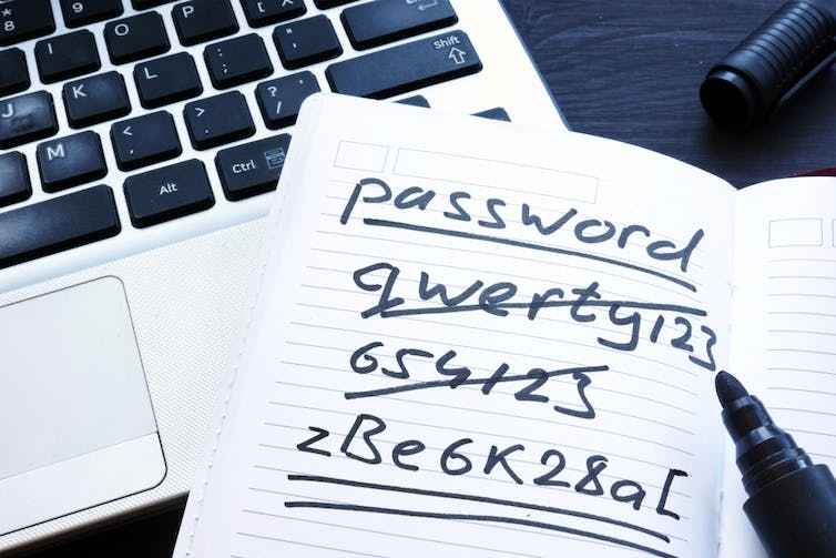 A notebook with several versions of fake passwords written down