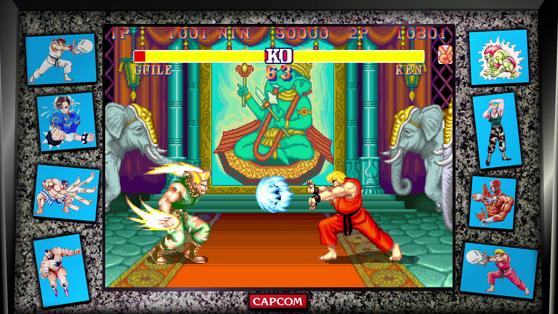 A clash on Dhalism’s Street Fighter II stage sees Ken fire off a Hadoken as Guile winds up a Sonic Boom