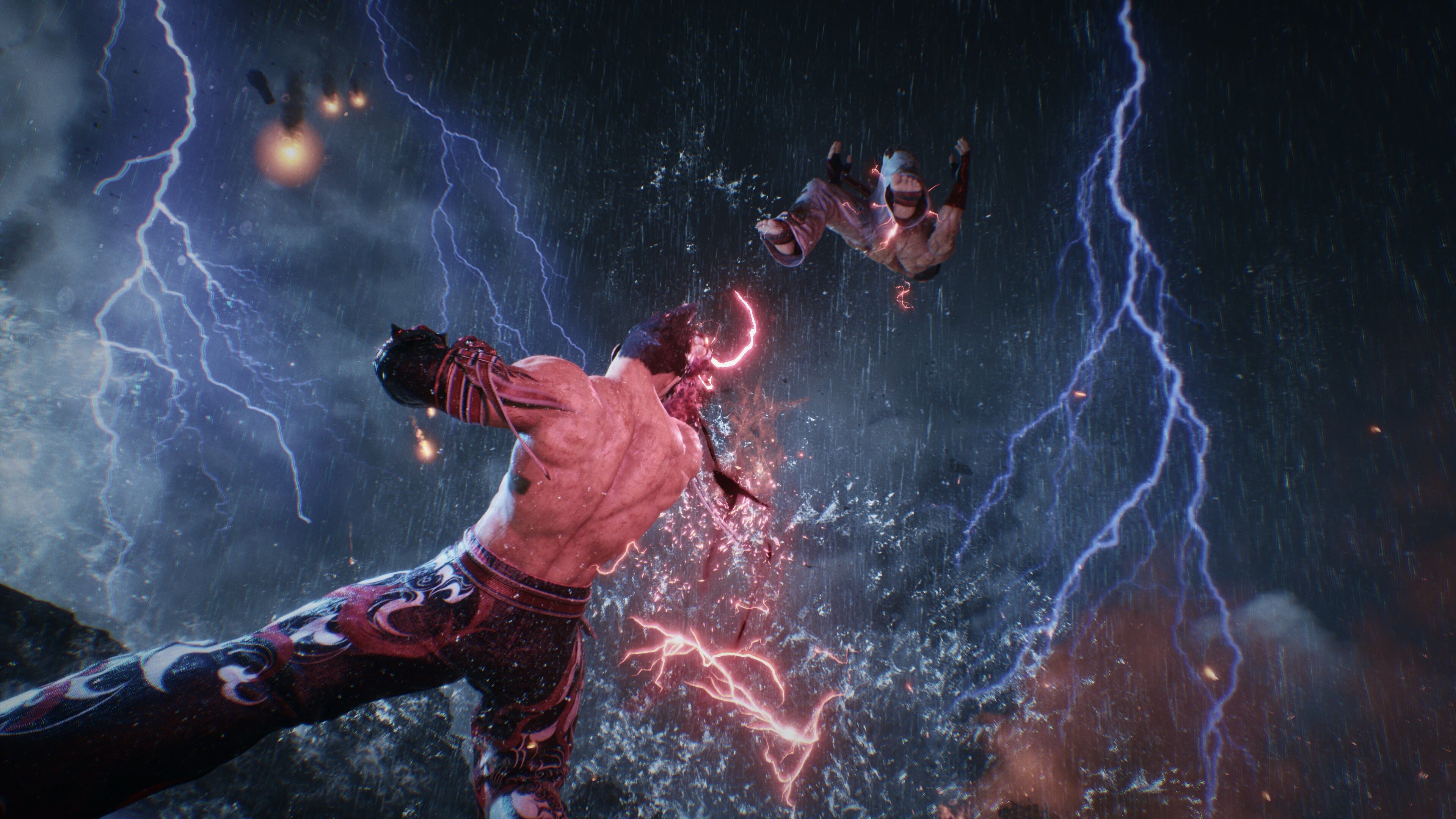 Jin Kazama catapults Kazuya Mishima skyward with a powerful fist strike in Tekken 8