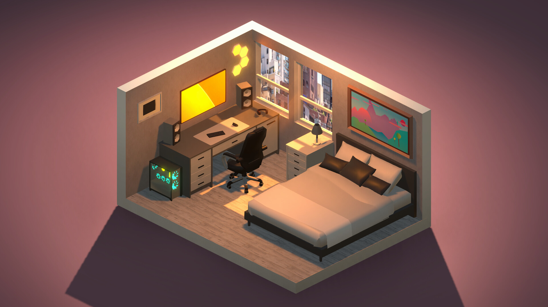 Cozy gaming room with furniture and PC