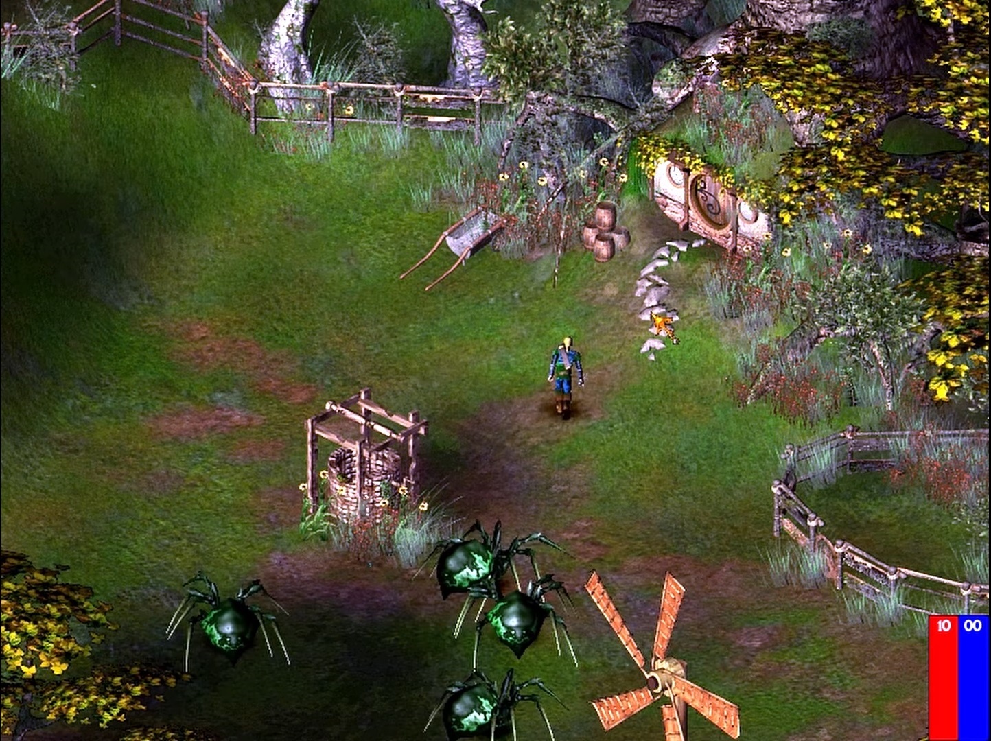 Isometric Gameplay of canceled lord of the rings game on Arcanum engine showing green fields, a river, and a hobbit hole door