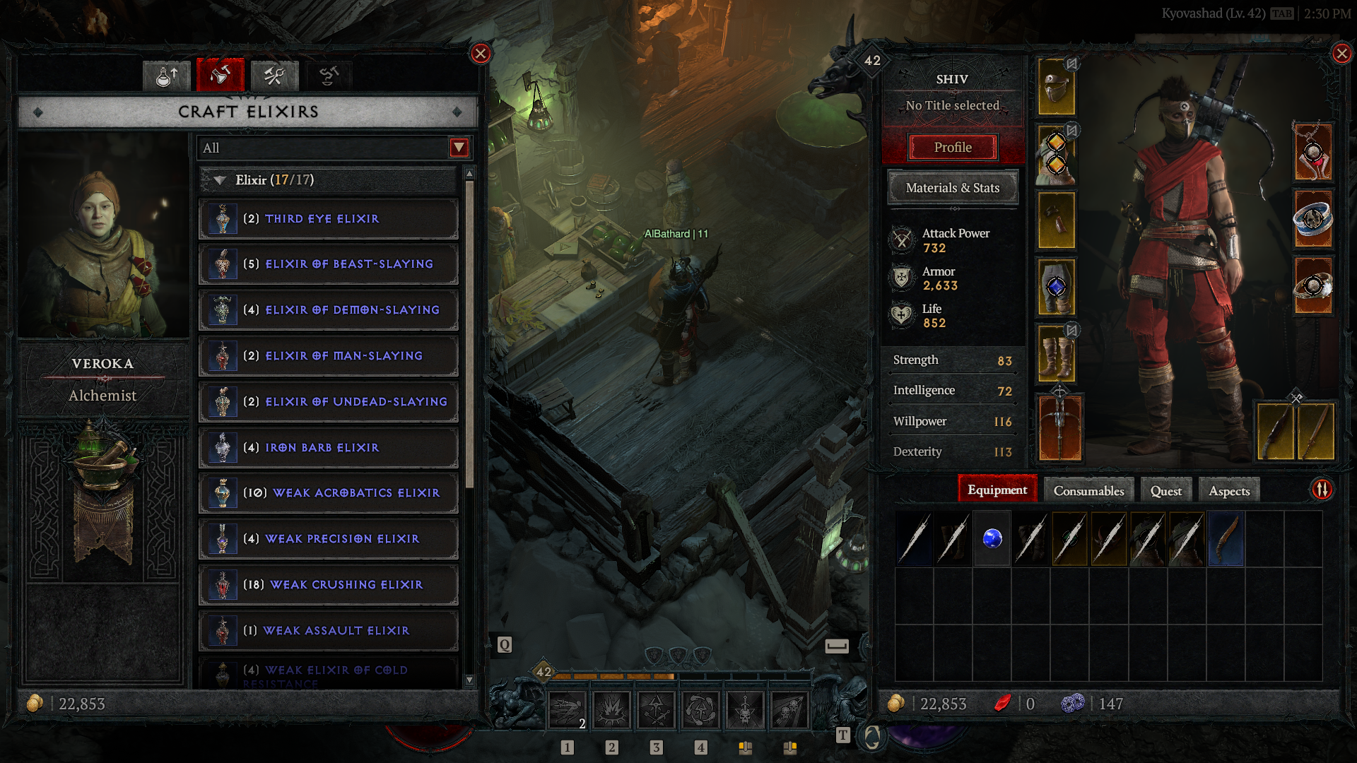 The elixir section of the alchemist shop in Diablo 4.