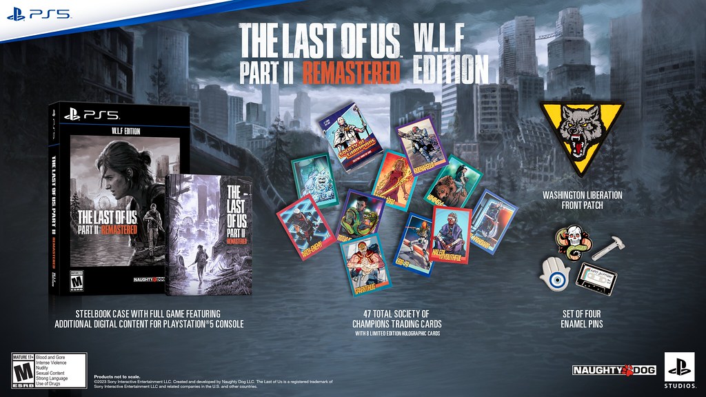 W.L.F Edition includes: steel book case with full game featuring additional digital content for PS5 console. 47 total Society of Champions trading cards with 8 Limited Edition Holographic Cards. Washington Liberation Front Patch, set of four enamel pins. Products not to scale.