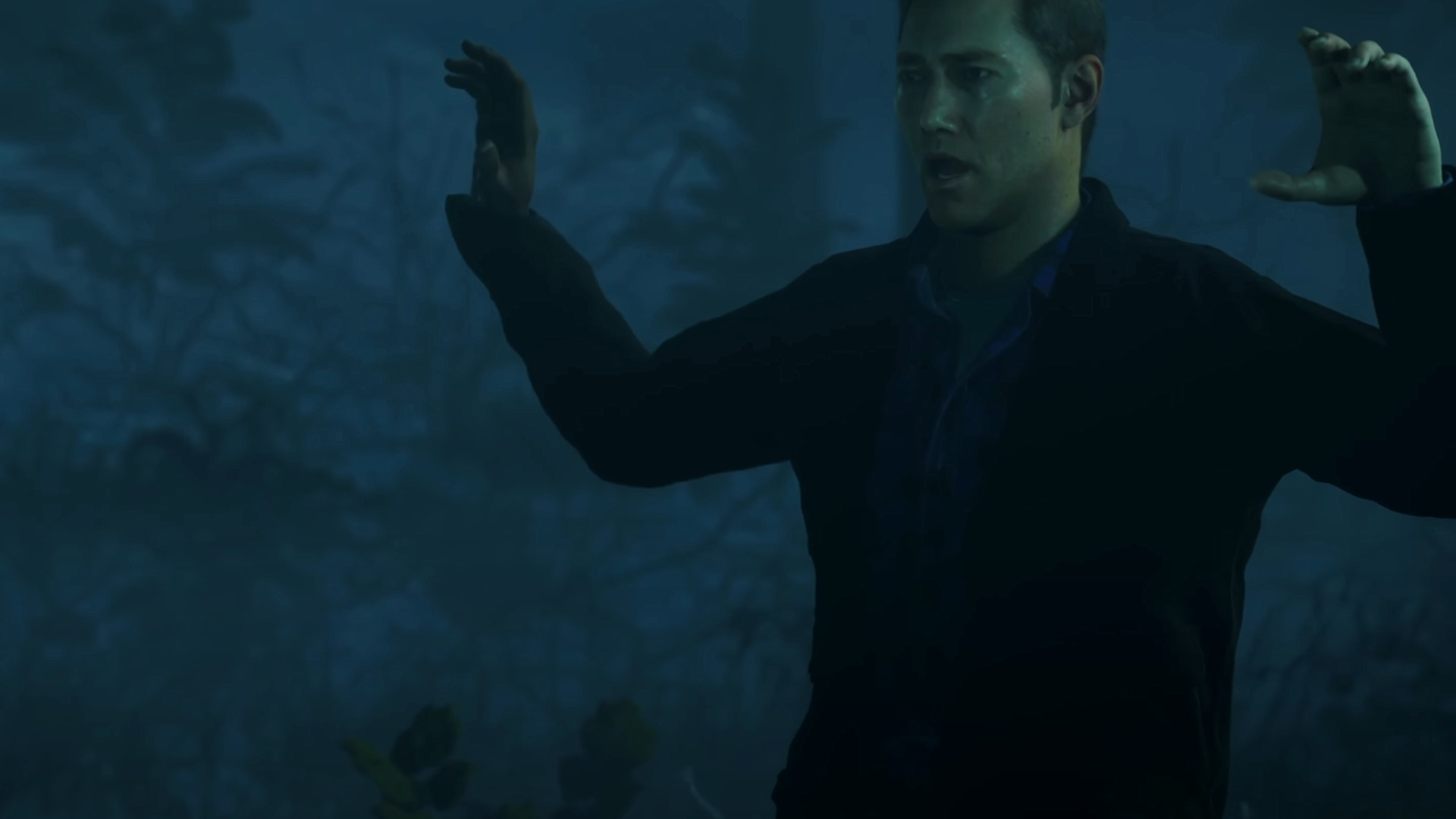 The Silent Hill Ascension Jam Man raises his hands in a gloomy wilderness, wishing to avoid getting shot for his crimes of liking rowan berries.