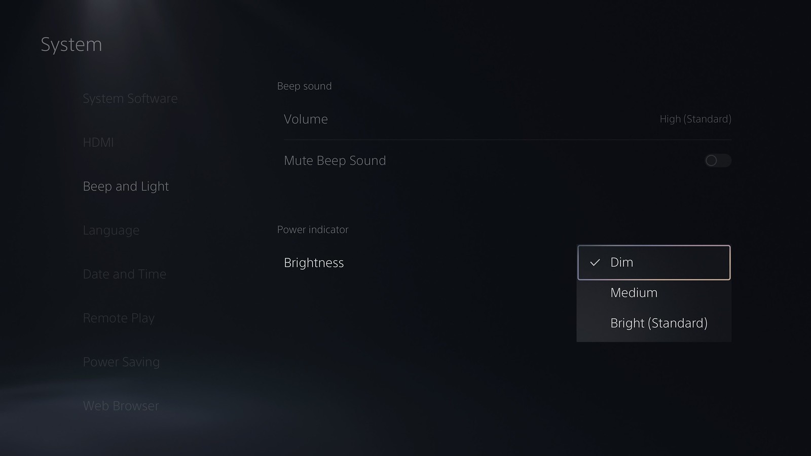 PS5 UI screenshot showing PS5 console’s power indicator brightness options