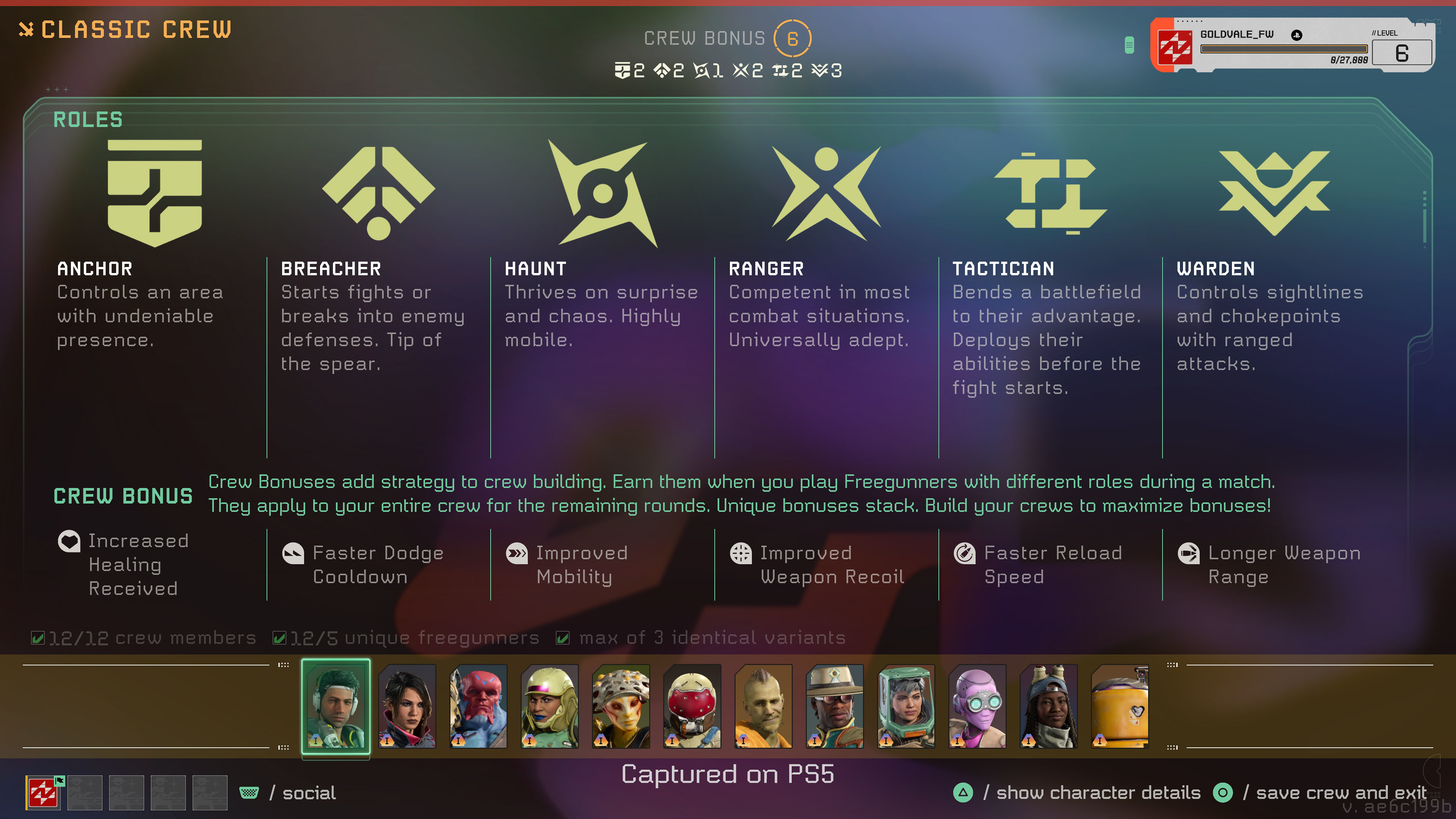 This image the symbols and descriptions of the six distinct roles Freegunners fall into: Anchor, Breacher, Haunt, Ranger, Tactician and Warden. Each offers a unique bonus, which stack as you play different Freegunners during matches.