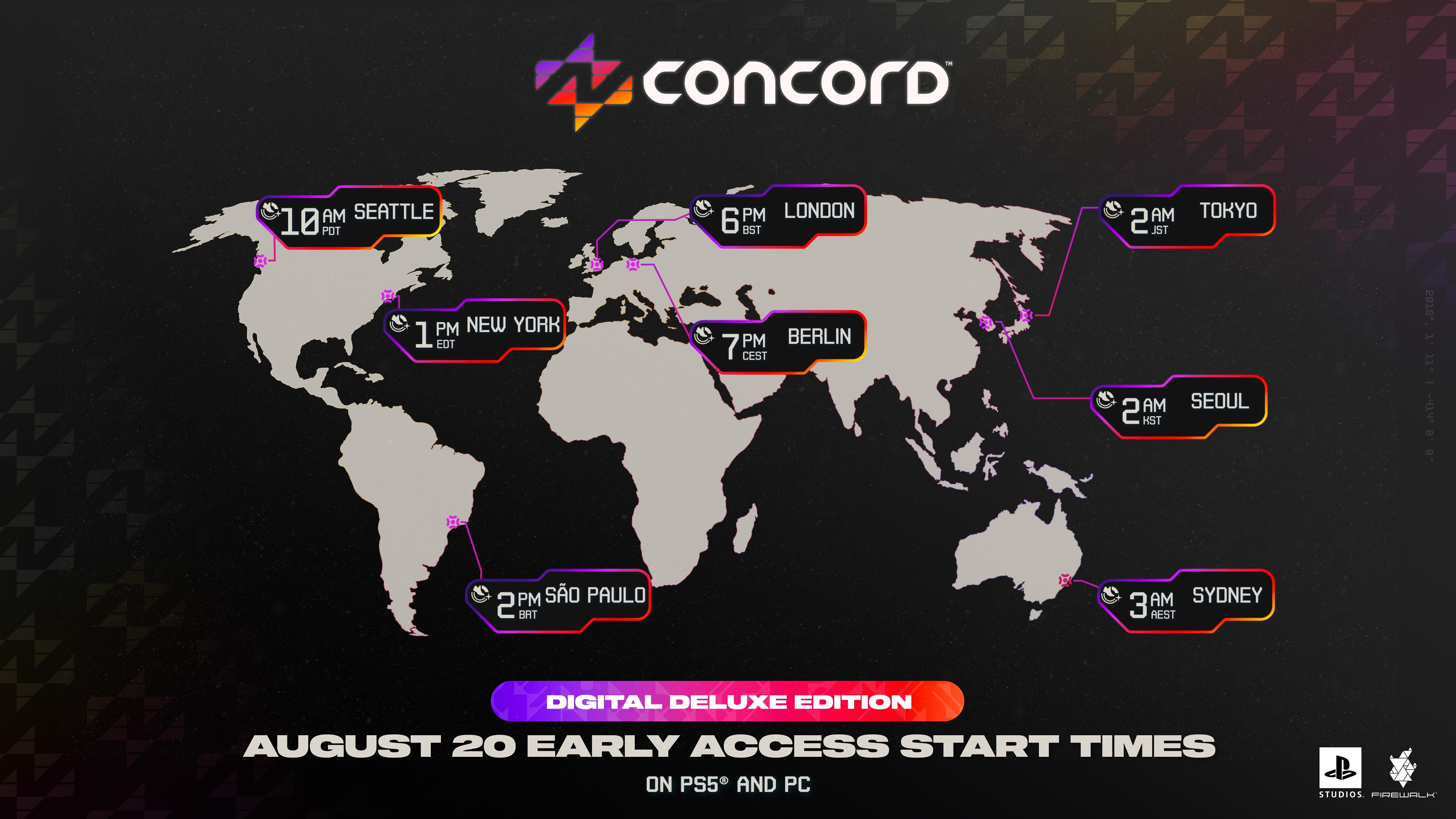 This image shows the launch times for the Early Access version of the game on Aug 20 on PS5 and PC

10am PT, 1pm EDT, 2pm BRT, 6pm BST, 7pm CEST, 2am JST, 2am KST, 3am AEST.
