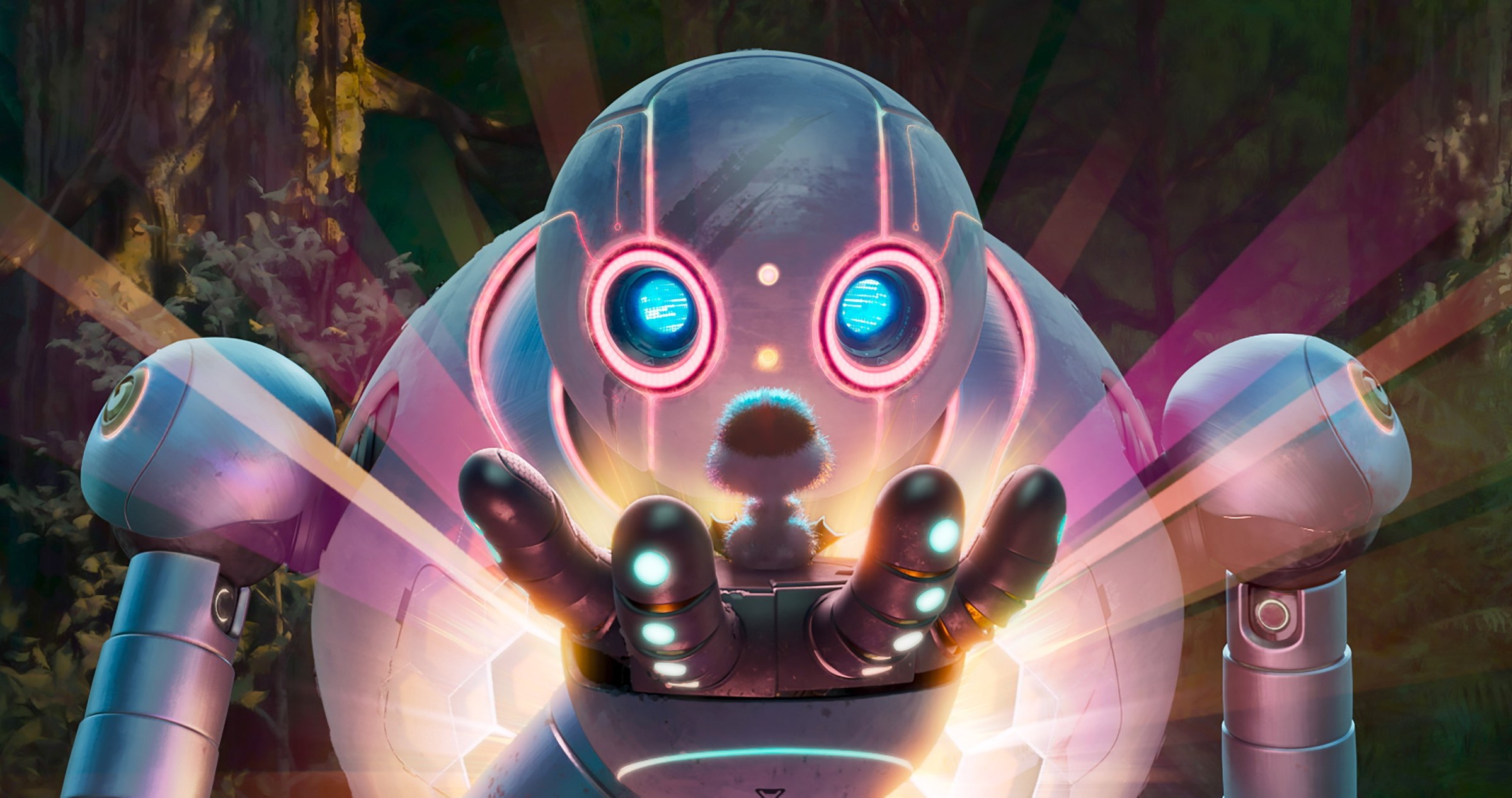 A robot holds out a little gosling in her hand, glowing pink as she looks at it. 