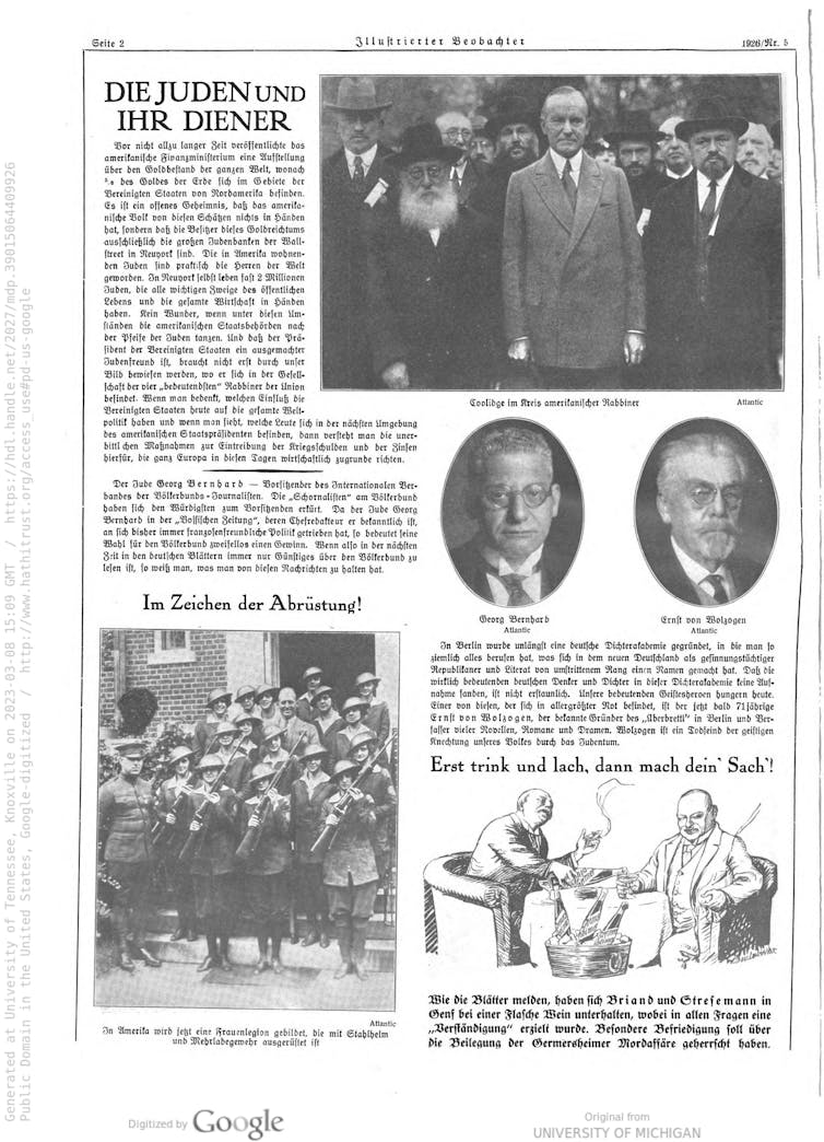 A back and white image shows several images and text in German, including a photo of a man in a suit surrounded by men who wear dark suits, have hats and beards.